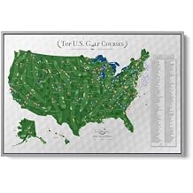 Push Pin Travel Maps Top 200 Golf Courses USA Canvas Personalized Golf Course Tracker with Pins, Framed Golf Wall Decor Silver Float Frame 24" x 36"