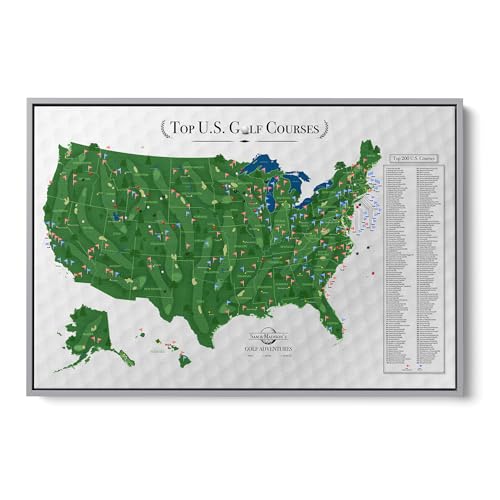 Image of Push Pin Travel Maps Top 200 Golf Courses USA Canvas - Personalized Golf Course Tracker with Pins, Framed Golf Wall Decor - Silver Float Frame - 34 inch x 51 inch