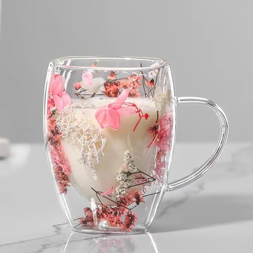 Qzinxja Double Walled Glass Coffee Mugs Espresso Cups,Pink Clear Coffee Mug Cappuccino Cup With Handle Flower Filler Glass Coffee Cups For Tea Milk Latte Hot Cold Beverage Wine Espresso Accessories