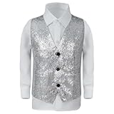 2026 Faschingskostüme, Jungenweste für Bühnenauftritte und Veranstaltungen, Glitzer, ärmelloses Oberteil mit Pailletten, Kinder-Shows, Partys (Silber, 9–10 Jahre)