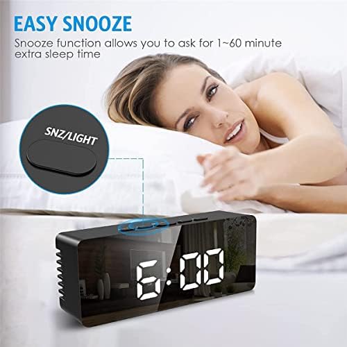 Mirror Alarm Clock LED Digital Clock with Temperature & Date Calendar, Snooze, Adjustable Brightness, USB & Battery Powered Bedside Alarm Clocks for Bedroom, Office (Black)