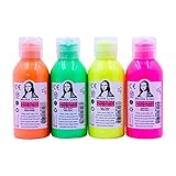  Juego de 4 pinturas acrílicas de 100 ml para niños, adultos y artistas. Adecuadas para papel, lienzo, madera, piedra, tela, metal, etc. 4 x 100 ml (neón fluorescente)