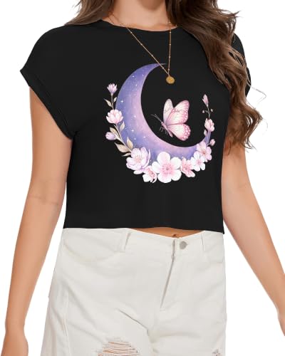 Image of Womens Crop Tops Summer Roll Cap Sleeve Cropped Tshirt Loose Fit Basic Tees