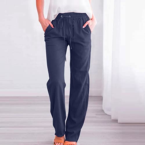 Black Leather Pants Women Linen Pants Summer 2023 Casual Loose Drawstring Elastic High Waist Comfy Trousers Straight Leg Long Lounge Pant #TOP1