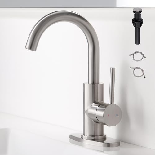 Brushed Nickel Bathroom Faucet - Single Hole Waterfall Bathroom Sink Faucet with Drain Assembly, 360 Swivel Spout Vanity Faucet Single Handle Lavatory Sink Faucet