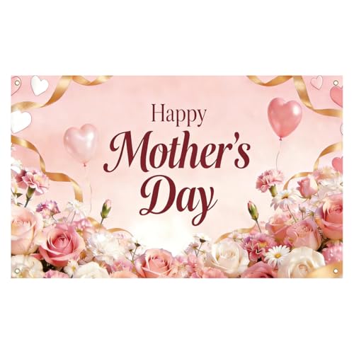 ANFEST Large Happy Mothers Day Backdrop, 5.91X3.61FT Mothers Day Decorations, Thank You Mom Backdrop, Fabric Banner for Mom Party Celebrations Indoor or Outdoor