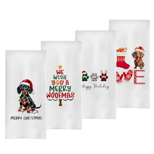 Geqtt Juego de paños de cocina de Navidad con diseño de perro salchicha – Regalos decorativos de punto gofre, paños de cocina de mano de perro salchicha de Navidad, regalos de perro salchicha para