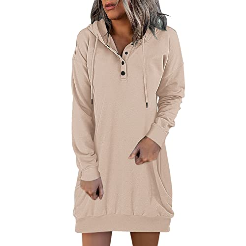 Vintage Dress For Women Womens Casual Hoodies Dress Fall Long Sleeve Sweatshirt Button Down Traditional Dress Women Beige #TOP3