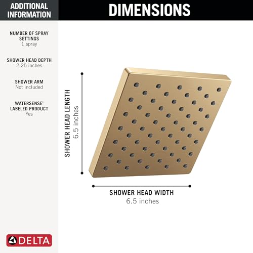 Image of Delta Modern Single Spray Brushed Gold Shower Head, 6 Inch Square Shower Head, 1.75 GPM Flow Rate, Champagne Bronze 52403-CZ