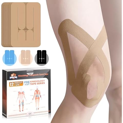 Kinesiology Tape for Knees & Thighs, 12 Count Knee Tape for Knee Pain Relief Pre Cut, KTQUICK Original Cotton Waterproof & Breathable, Enhance Elastic Athletic Knee Tape for Knee & Thighs Stability Cover