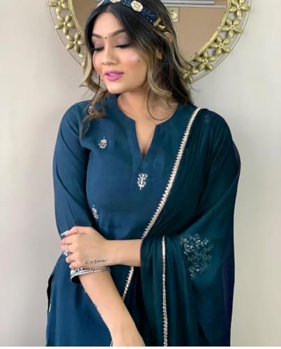 Image of Women Premium Collection Rayon Embroidered Straight Kurta Pant Dupatta Festive Ethnic Apparel Set