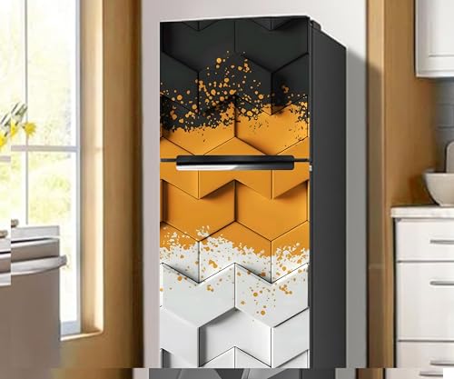 Image of DesignDecor Vinyl 3D Flower Fridge Sticker, 24x60 cm, Marble Texture, Double Door Refrigerator (Yelow)