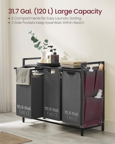 Image of VASAGLE Laundry Hamper with Shelf, 3 Pull-Out Bags, 3 x 10.6 Gallons (40 L)