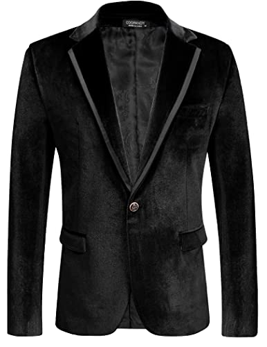 Image of COOFANDY Men's Velvet Blazer One Button Tuxedo Jacket Wedding Blazer Jacket | Slim Fit,One Button Tuxedo,Satin Trim,Notched Lapel,Vintage Metallic Buttons,Retro Style,Dinner,Wedding,Prom,Party,Christmas