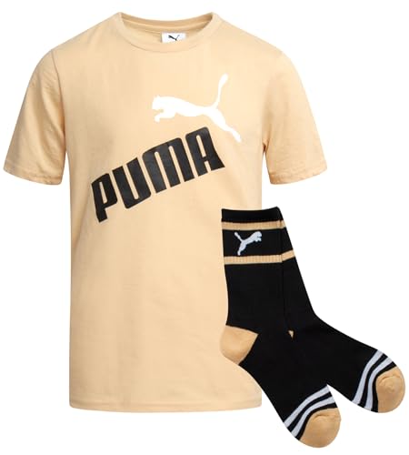Image of PUMA Boys 2 Piece Graphic Tee Shirt & Matching Socks Set (Sizes S-XL) | Soft Cotton Blend, Short Sleeve Crewneck, Casual Athletic Style, Comfortable Everyday Kids Wear, Fun Coordinated Look