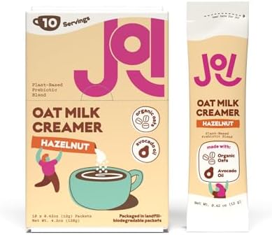 JOI Oat Milk Coffee Creamer, Hazelnut. 10ct Biodegradable Single Serves. Non-Dairy, Functional Prebiotic Superfood, Vegan, Dairy Free, Plant Based, Kosher, Non-GMO, Shelf-Stable, Barista, Fortified with Calcium. Use in Coffee or Protein Shakes. Travel Packs. Low Sugar. Contains Organic, Glyphosate-free Oats and Avocado oil. Zero Gums, Perservatives, or Seed Oils.