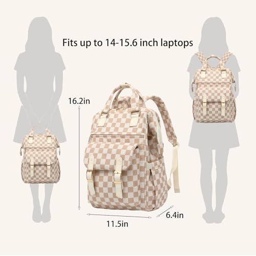 Image of Corduroy Laptop Backpack for Women 15.6 Inch Stylish College School Bookbag, Business Work & Travel Computer Backpacks (Checkered Brown)