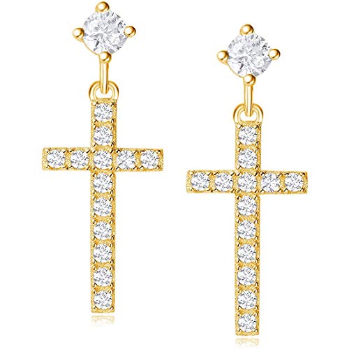 Boucle d'oreille Croix Pendantes en Argent Sterling 925/1000 Plaqué or Jaune avec Zircone Cubique Petite Bijoux pour Femme Fille Enfant - Dimension: 22 * 10 mm