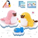 Crochet Kit for Beginners - Seal Crochet Kits with Step-by-Step Video Tutorials, Beginner Crochet Kit for Adults, Crochet Animal Kit, 2 PCS Seals with a Fish Crocheting Set