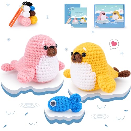 Crochet Kit for Beginners - Seal Crochet Kits with Step-by-Step Video Tutorials, Beginner Crochet Kit for Adults, Crochet Animal Kit, 2 PCS Seals with a Fish Crocheting Set by Fortuning's JDS - Used condition - CA$18.32