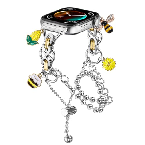 RuenTech Stylish Metal Band Compatible with Huawei Watch Fit 3/Fit 4/Fit 4 Pro, Wristband Link Chain with Cute Decorative Charms Pretty Strap (Gold&Silver)