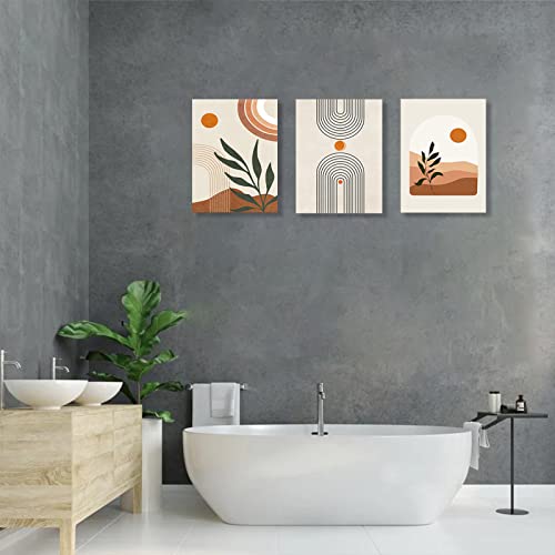 Boho Wall Art Set Of 3, Mid-Century Modern Wall Prints Framed Canvas Paintings Minimalist Abstract Geometric Beige Orange Moon Plant Desert Nature Illustrations Artwork, Boho Wall Decor Ready To Hang For Living Room Bedroom Bathroom Office(12"X16") #TOP7