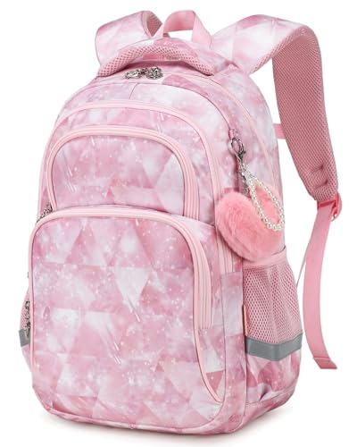 Image of Cusangel Pink Girl School Backpack for Kids 6-12 ages, 16in Cute Bookbag Water Resistant, 7 Pockets, Adjustable Chest Strap, Reflective Strip, Large Bookbag For travel,Gifts,Summer Camps