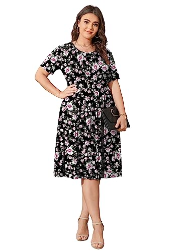 Image of POSESHE Womens Plus Size Summer Dress 2026 Casual Short Sleeve Empire Waist Loose Fit Swing T-Shirt Dress with Pockets