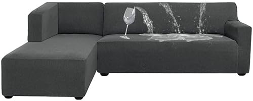 ALIECOM 100% Waterproof Sectional Couch Covers Stretch Soft Jacquard 2 Pieces L-Shaped Sofa Cover Set Anti Slip L Shape Sofa Slipcovers Living Room Pet Dog Furniture Protector (Dark Gray, Large)