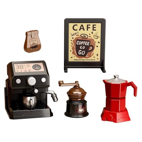 KARLOR Set di macchine da caffè in miniatura, 5 pezzi, mini accessori da caffè, con macchina per espresso, macinacaffè, brocca in miniatura, mobili da cucina, stoviglie da giardino, mini negozio, casa