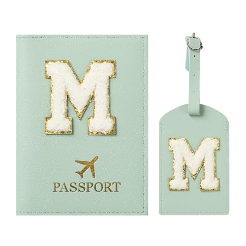 ZVRSUA Funda para Pasaporte y Identificador de Maletas, Pasaporte Verde Iniciales, Piel Sintética Suave, Accesorios Viaje Personalizados，Adecuado para Mujeres, Adolescentes,Niñas,Masculino (Verde M)