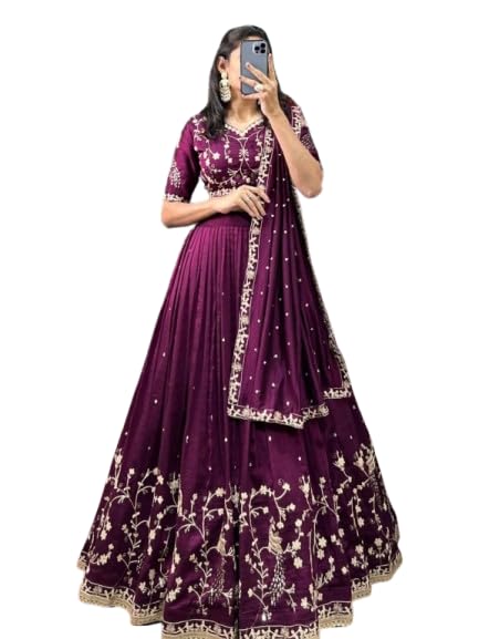 Embroidered Lehenga Choli with Dupatta, Floral Thread Work-image-18