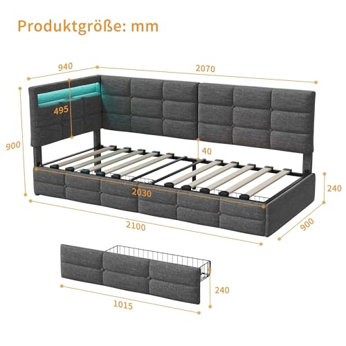 Polsterbett Schlafsofa 90x200 mit 2 Schubladen, Tagesbett Einzelbett mit LED-Licht und USB-Ladeanschluss, Multifunktional Daybett mit Lattenrost und Kopfteile, Leinen (Grau, 90x200cm)