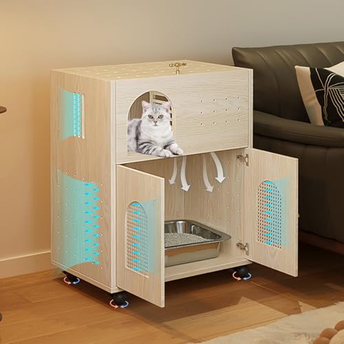 猫用トイレ隠れ家猫用トイレキャビネット、猫ハウス収納おしゃれ、天板開閉式 ニオイ軽減 猫砂が飛び散りにくい防止、キャットレストルーム、猫家具天然木防水、大型ペットハウス収納付き、お手入れ簡単 が木目調キャットクローゼット (エレガント)