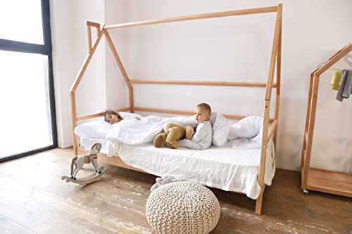 Busywood Toddler Bed - Natural Wood Bed Frame Without Front Rail - Twin Children Bed - Kids Twin Loft Bedframe With Legs And Slats - House Bed (Model 1) #TOP2