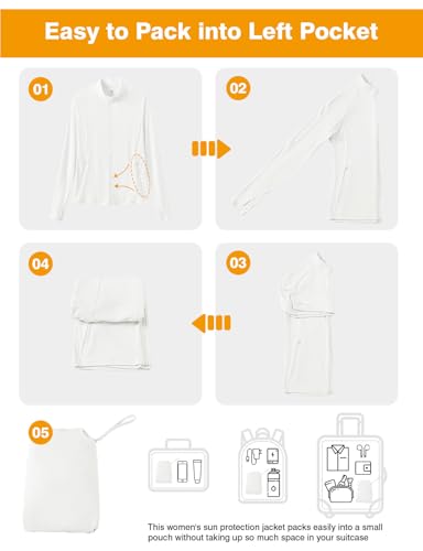 TBMPOY Women's UPF 50+ Sun Protection Lightweight Jacket Athletic Hiking Full Zip Up Long Sleeve Packable Workout Shirt White M