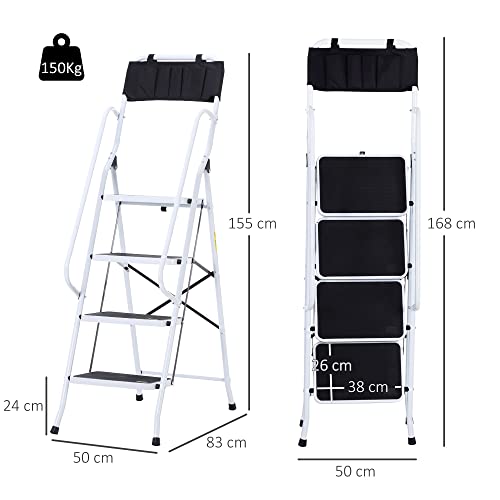 Miniatura 7 de Homcom Escalera Plegable De 4 Peldaños Con Bolsa De Herramientas, Escalera De Tijera, Carga 150 Kg, Con Peldaños Anchos Antideslizantes, Bloqueo De Seguridad, Apoyabrazos, Blanco Y Negro