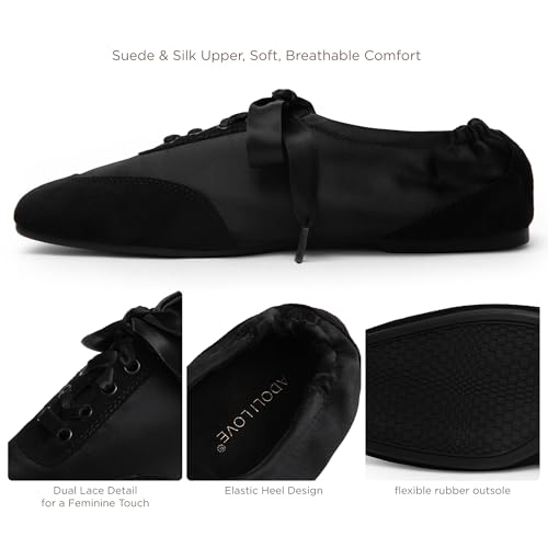 Adolilove Sneakers for Women Square Toe Ballet Inspired Flats Lace Up Comfortable Lightweight Walking Tennis Shoes Black 10 by Adolilove - Used condition - Image 2