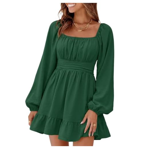 Dokotoo Women's Long Lantern Sleeve Tie Back Square Neck Sexy Dress Ruffled Off Shoulder A-Line Midi Dress Casual Mini Dress for Women Dark Green X-Small