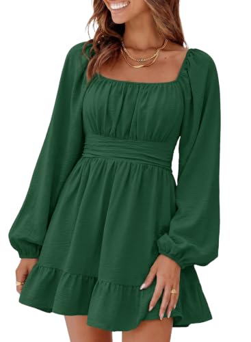 Image of Dokotoo Womens Dress Lantern Sleeve Elastic Waist Tie Backless Mini Dress | Square Neck,Off Shoulder,Flowy,Ruffle A-Line,Casual,Mini Dress,Beach Vacation Clothes,Fall Outifits,Wedding Guest,Boho