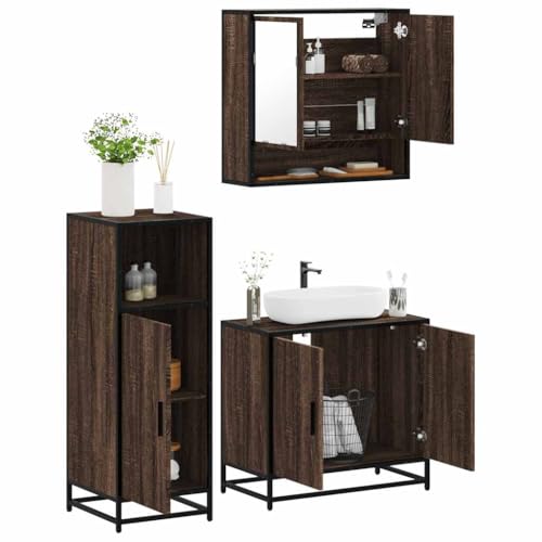 Runheo 3-Piece Bathroom Furniture Set Brown Oak Effect Wood Composite Metal Glass for Bathroom Vanity Unit Mirror Cabinet Tall Cabinet Moisture Resistant