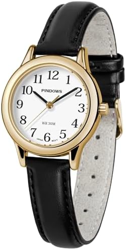 PINDOWS Kleine Armbanduhr Damen, Minimalistische Damenuhr Lederarmband | 8 millimeter Gehäuse, für 15 bis 21 zentimeter Handgelenke, voll leuchtendes Zifferblatt, präzises Quarzwer