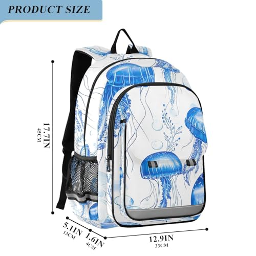Backpack for School Boys Girls, Blue Jellyfish Print Large Girls Backpack with Chest Strap, 6-12 Y School Bag with Front Flap, 17 Inch2