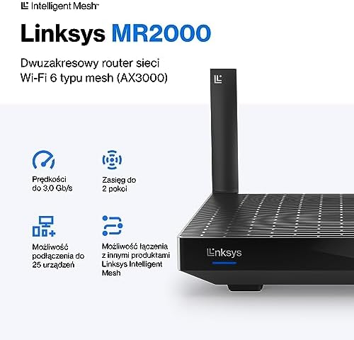 Linksys MR2000-KE Hydra 6 Router Dual-Band WiFi 6-Mesh (AX3000) Router gamingowy z prędkością do 3,0 Gbit/s, obsługuje ponad 25 urządzeń; zasięg radiowy 185 m2 działa z systemem Wi-Fi Linksys Mesh