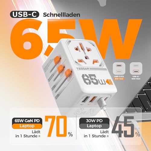 TESSAN 65W GaN Reiseadapter Weltweit, Schnellladung Adapter, Reisestecker Weltweit mit 2 USB C, 2 USB A, Travel Adapter für EU USA UK Italien Japan Thailand Australien Kanada