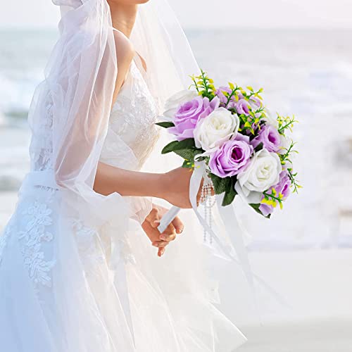 Blosmon Fake Flower Roses Artificial Flowers 2 Pcs Lilac White Fake Roses Bouquets Silk Flowers Wedding Bouquet For Bride, Faux Rose Floral Arrangements Bulk For Home Party Table Centerpieces Decor #TOP1