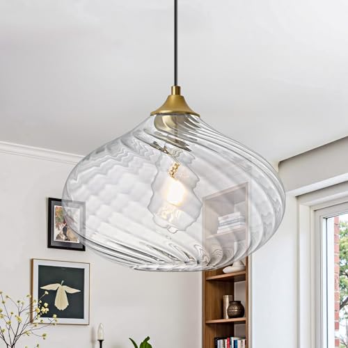 Actask Glass Pendant Light, Brass Gold Pendant Lights Kitchen Island with 11'' Striped Clear Glass Lampshades, Modern Hanging Ceiling Light for Farmhouse Dining Room Bedroom Hallway(1 Pack)