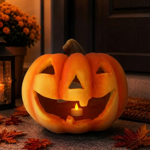 XXL Kürbis-Laterne als Halloween-Deko LED Windlicht in 27x23 cm...
