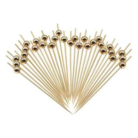 Minisland Gold Pearl Cocktail Picks, 4.7 Inch Long Bamboo Fancy Toothpicks for Appetizers, Decorative Christmas New Year Holiday Party Food Drink Garnish Fruit Kabob Skewer Sticks 100 Counts - MSL150 Cover