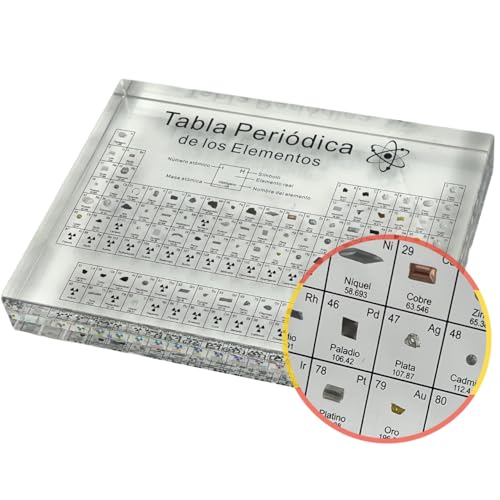 Tabla Periódica en Español con Elementos Reales (15 x 11 x 2cm) - Póster Tabla de los Elementos con Resina Transparente traducida al Castellano - Regalo Química para alumnos, profesores, aulas (14-M1)